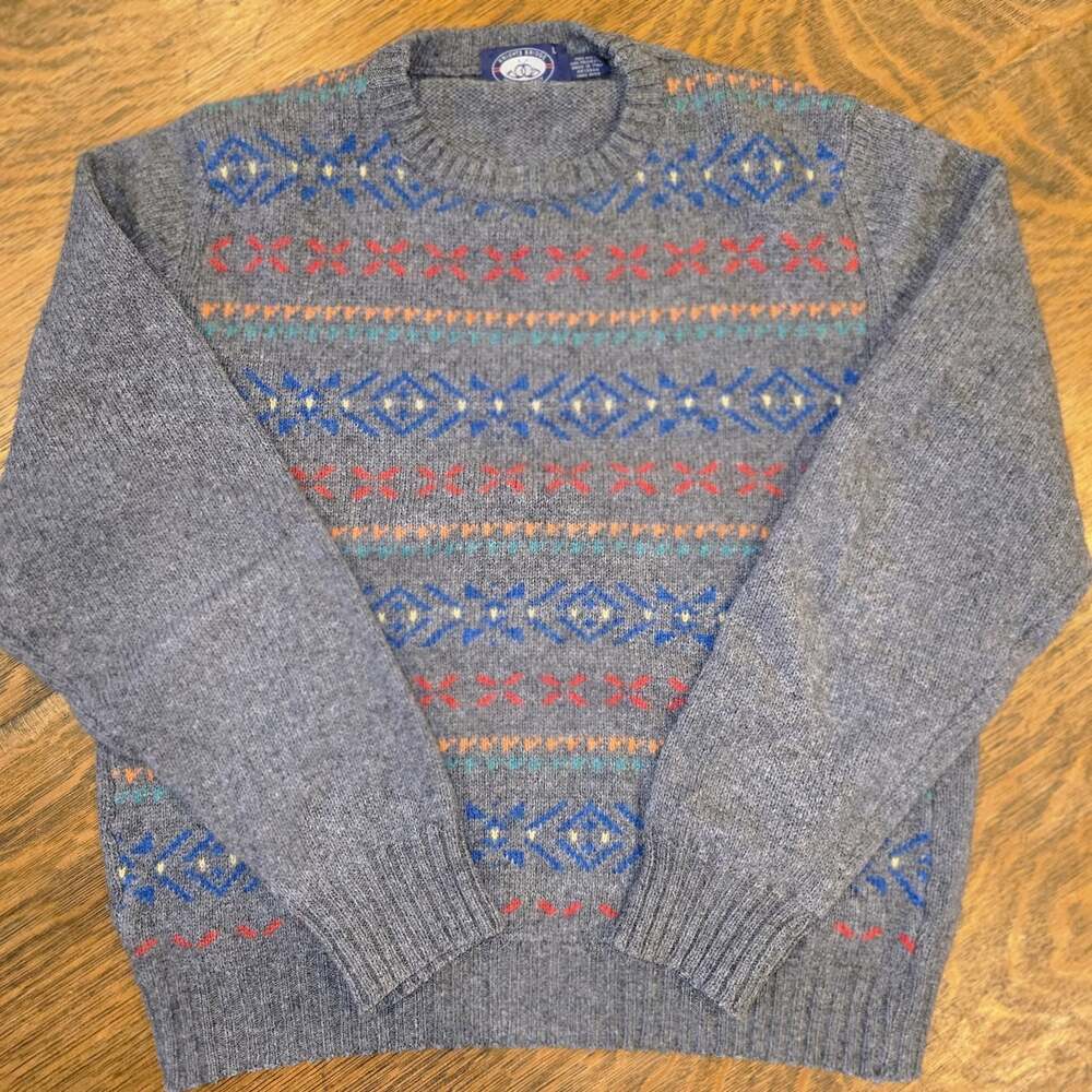 Knights Bridge Made in Italy Wool Sweater L Gray Fair Isle Crewneck Vintage 90s